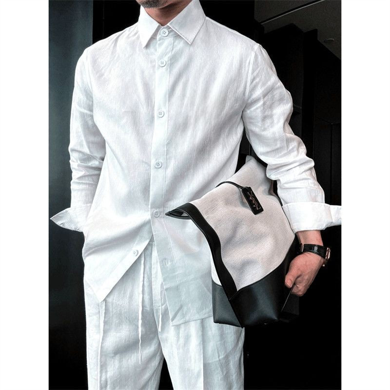 Hand-stitched linen lightweight loose-fit shirt with long sleeves and casual pants set