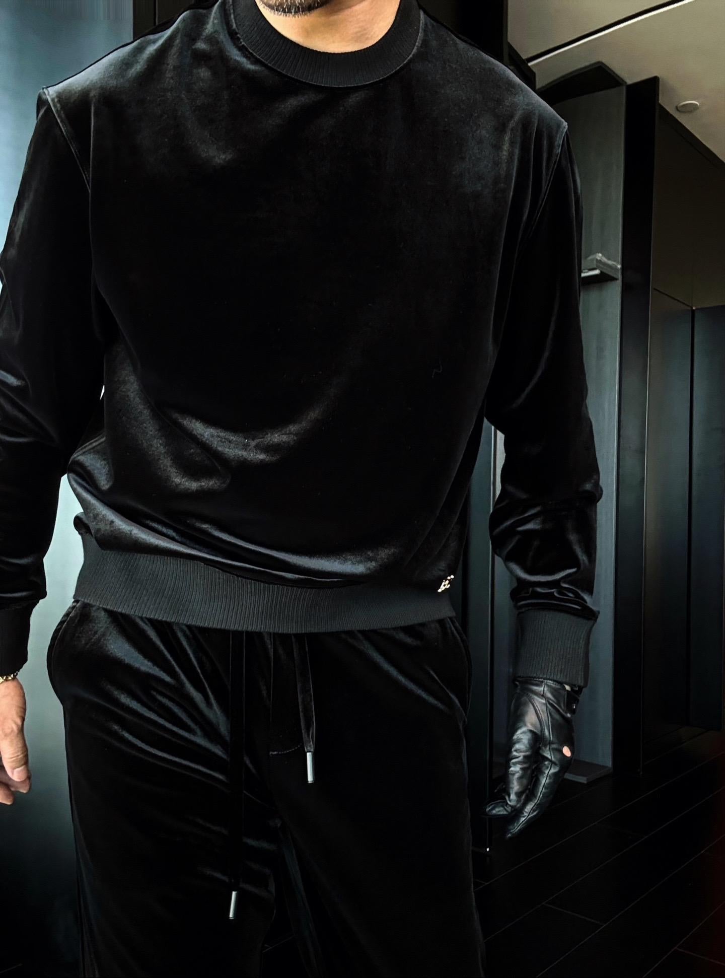 Black Velvet Slightly Wide-Leg Long-Sleeve Crewneck Sweatshirt Set